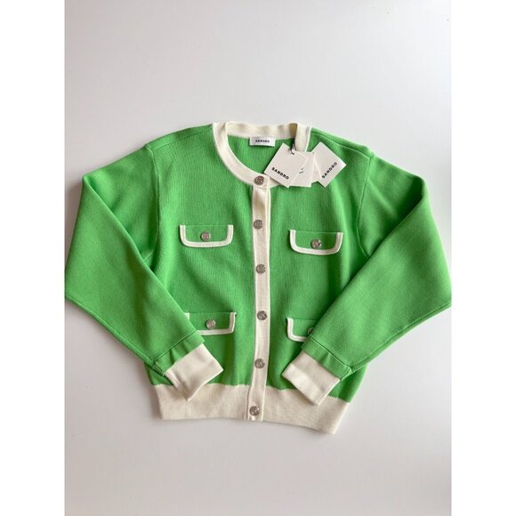 NWT SANDRO Murcie Green Ivory Knit Boxy Crest Button Cardigan Sweater, Size 1/S - Picture 6 of 16